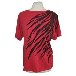 Bob Mackie Wearable Art Red Sequin Tiger Stripe T Shirt Top Plus Size 1X